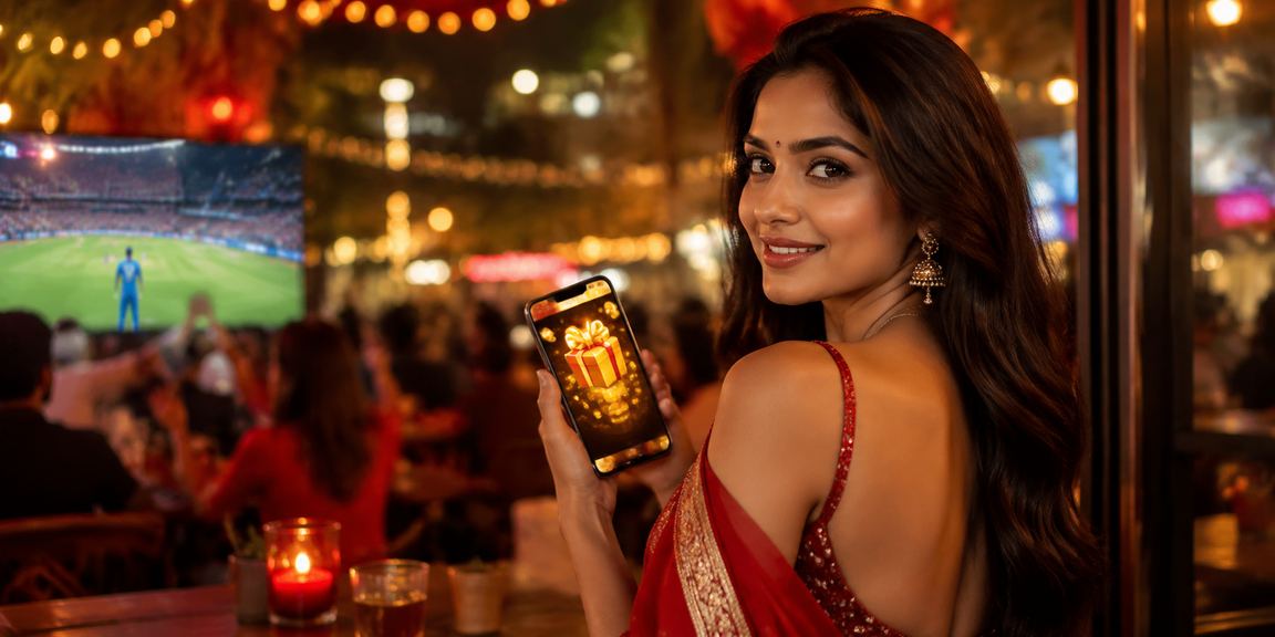 Indian cricket betting scene with festive red and gold colors